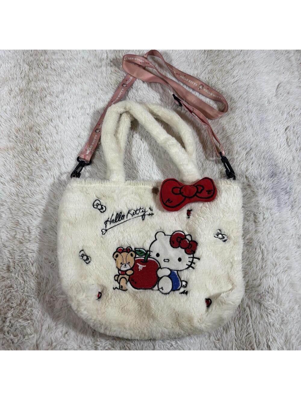 Sanrio Hello Kitty Plush Faux Fur Tote Bag Pink Strap Apple Teddy Bear